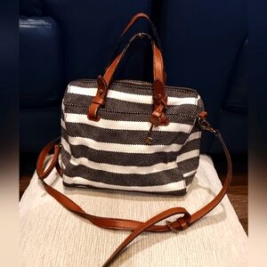 Fossil Striped Black and White Handbag with Tan Accents